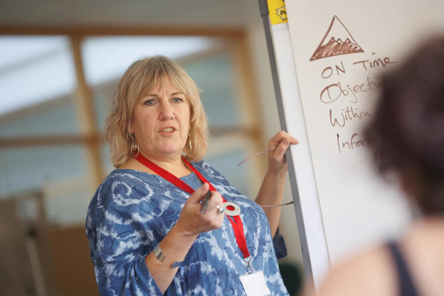 A facilitator explaining a plan at a flipchart to a small group